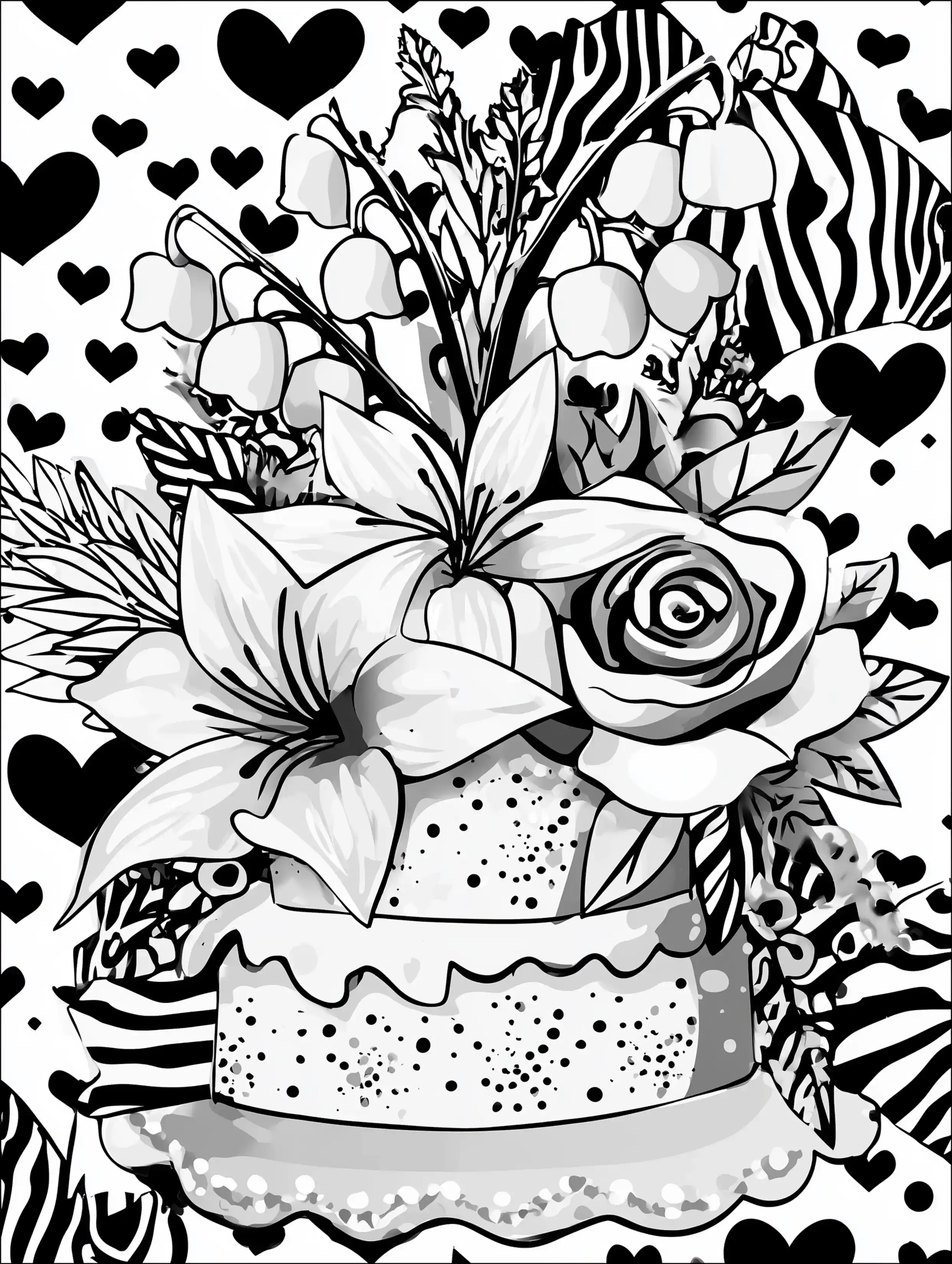 Free printable coloring pages floral featuring a cake decorated with a mix of flowers